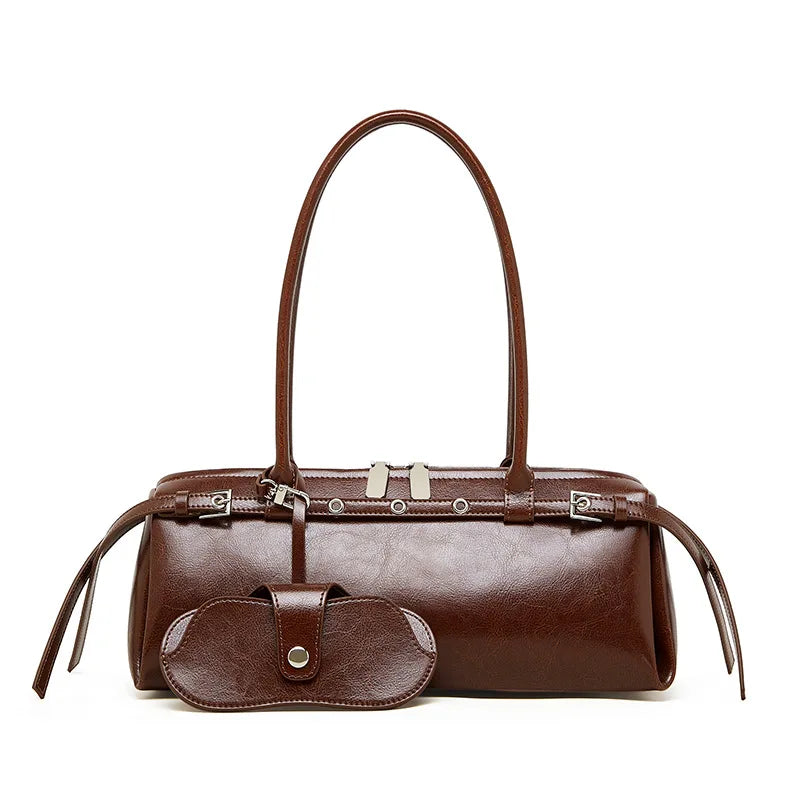 Genuine Leather Handbag Women's Retro Baguette Bag Motorcycle Style Handbag Shoulder Underarm Bag Ladies Top-Handle Bags