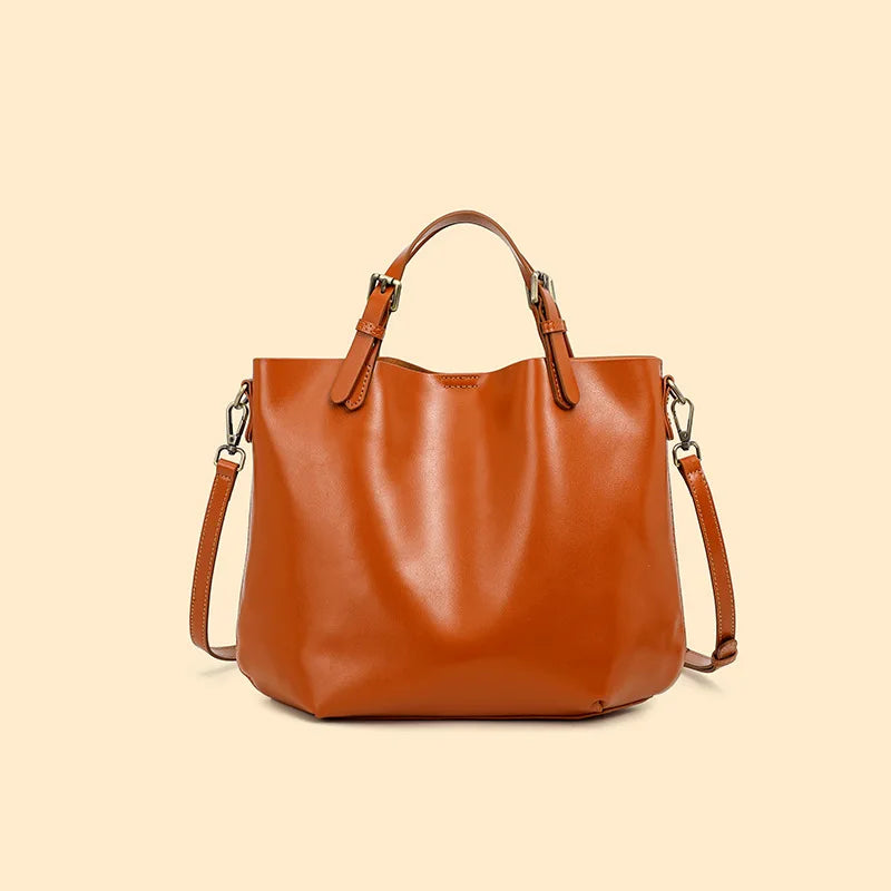 Genuine Leather Large Capacity Tote Bag Simple Commuter Shoulder Crossbody Handbag for Women