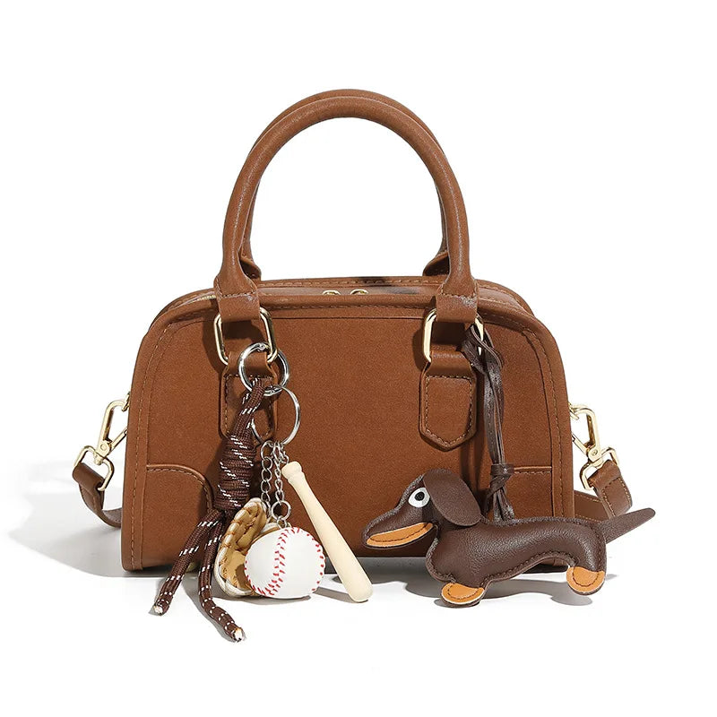 Cowhide Bowling Bag Women's Handbag Genuine Leather Boston Bag Shoulder Crossbody Bag Ladies Purses and Handbags