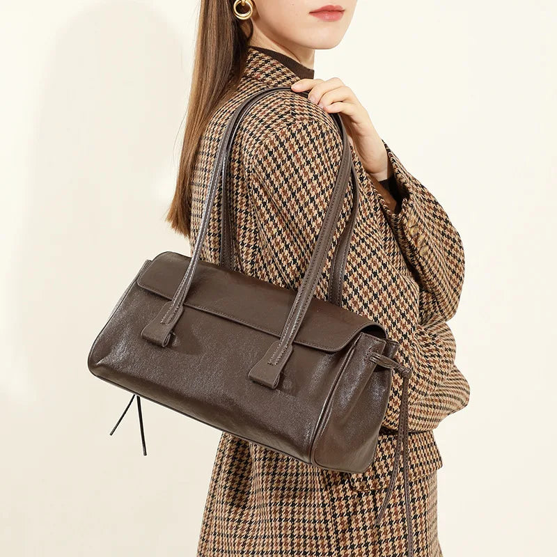 Cowhide Shoulder Bag Women's Genuine Leather Handbag Vegetable Tanned Baguette Ladies Underarm Pillow Bag