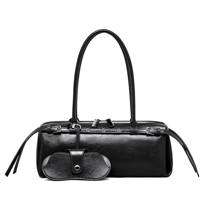 Genuine Leather Handbag Women's Retro Baguette Bag Motorcycle Style Handbag Shoulder Underarm Bag Ladies Top-Handle Bags