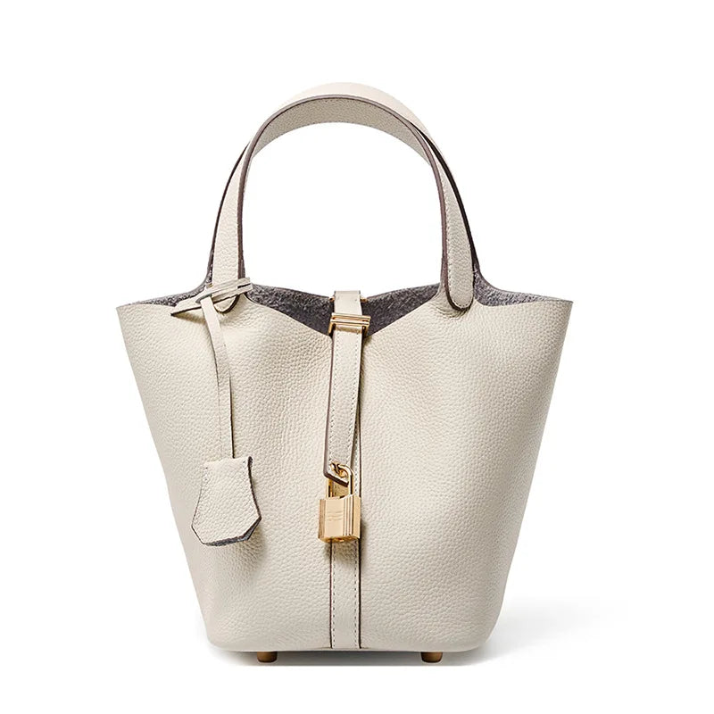 Lychee Pattern Bucket Bag Women's Genuine Leather Handbag Ladies Vegetable Basket Bag Soft Handbag