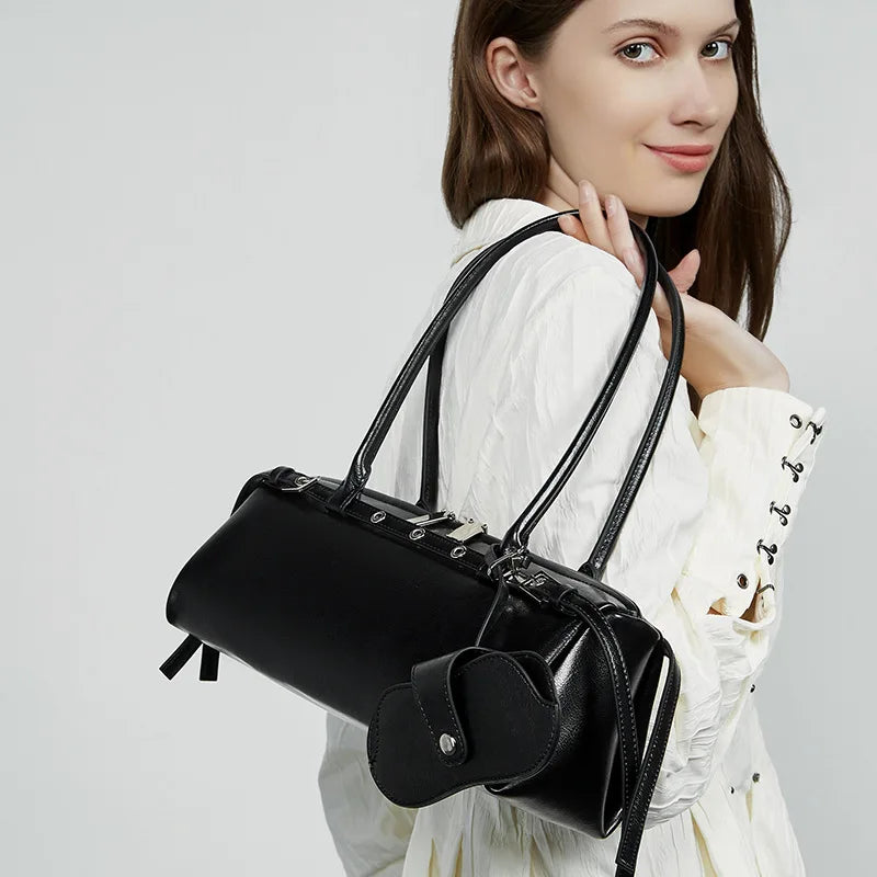 Genuine Leather Handbag Women's Retro Baguette Bag Motorcycle Style Handbag Shoulder Underarm Bag Ladies Top-Handle Bags