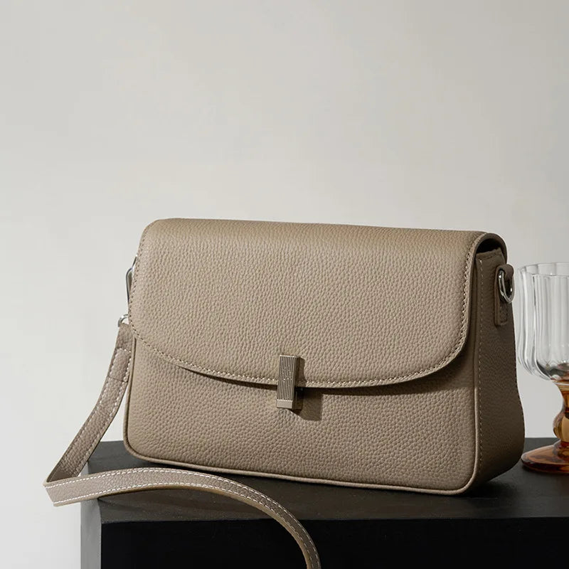 Genuine Leather Crossbody Bag Women's Fashion Handbag Lychee Pattern Shoulder Bag Ladies Flip Bag Two Shoulder Straps