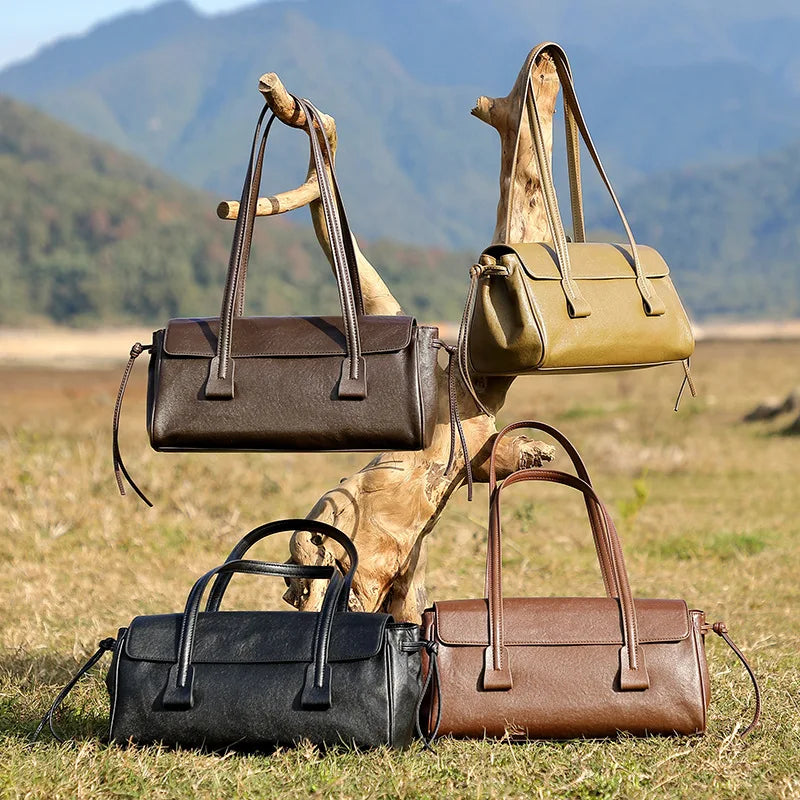 Cowhide Shoulder Bag Women's Genuine Leather Handbag Vegetable Tanned Baguette Ladies Underarm Pillow Bag