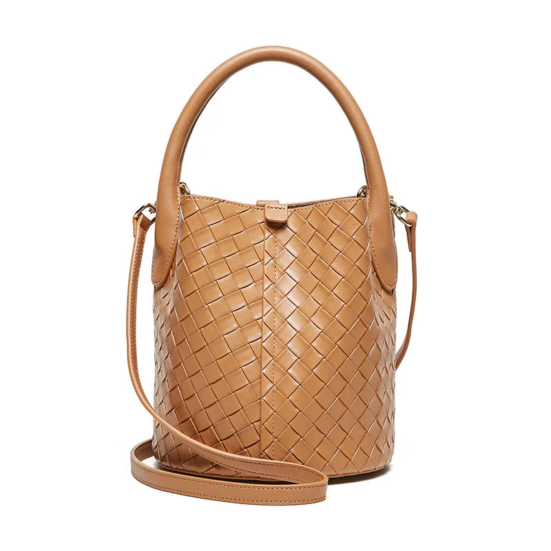 Women Genuine Leather Handbag 2025 New Woven Bucket Bag Shoulder Crossbody Tote Elegant Fashion Purse