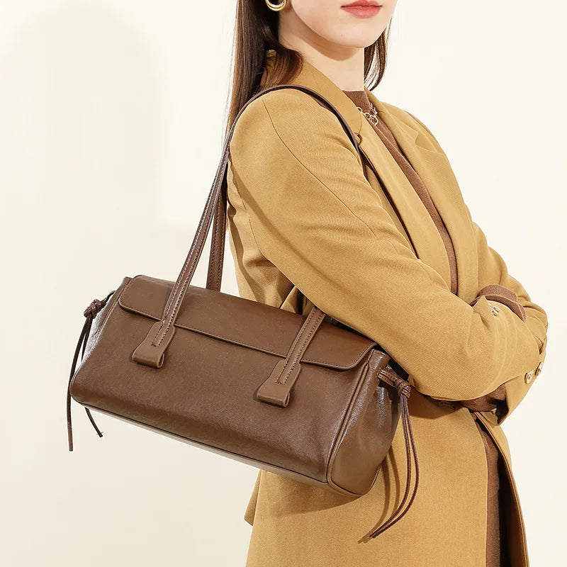 Cowhide Shoulder Bag Women's Genuine Leather Handbag Vegetable Tanned Baguette Ladies Underarm Pillow Bag