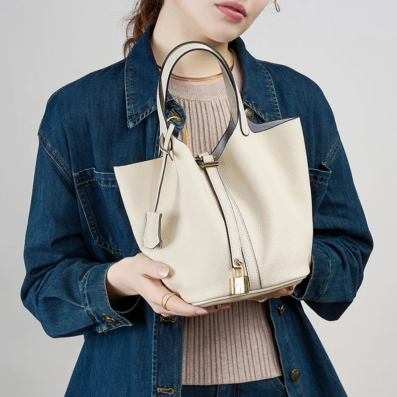 Lychee Pattern Bucket Bag Women's Genuine Leather Handbag Ladies Vegetable Basket Bag Soft Handbag