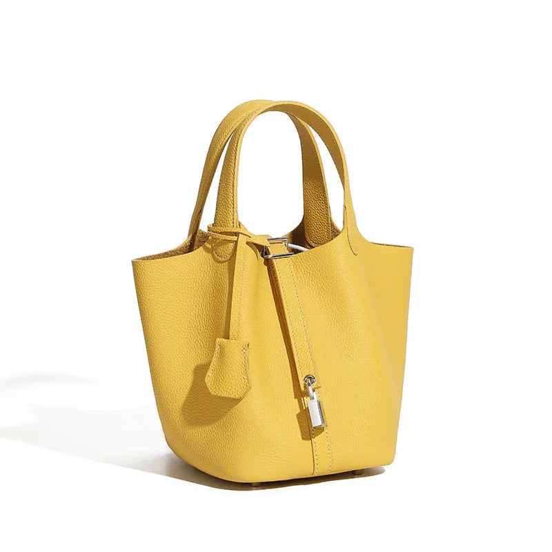 Lychee Pattern Bucket Bag Women's Genuine Leather Handbag Ladies Vegetable Basket Bag Soft Handbag