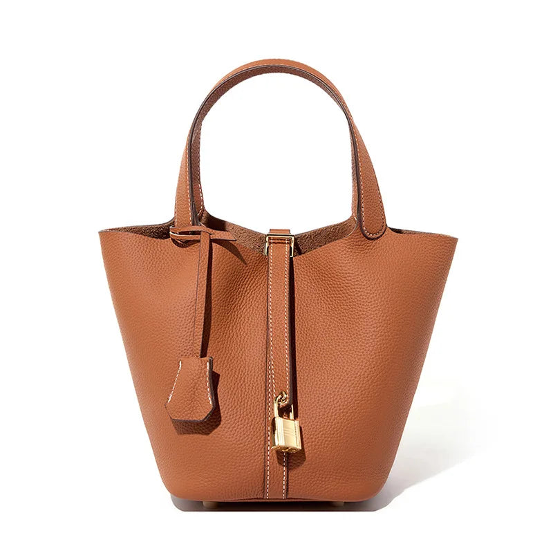 Lychee Pattern Bucket Bag Women's Genuine Leather Handbag Ladies Vegetable Basket Bag Soft Handbag