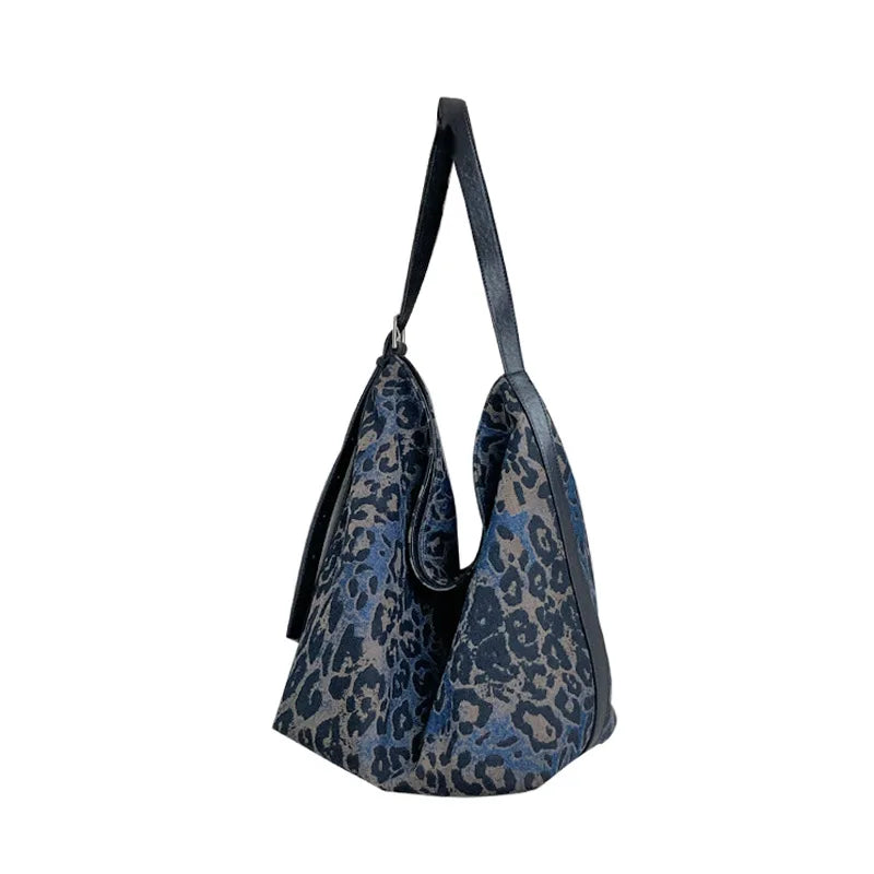 Black Leopard Print Bucket Bag for Women 2025 New Soft Denim Tote Large Capacity Shoulder Bag
