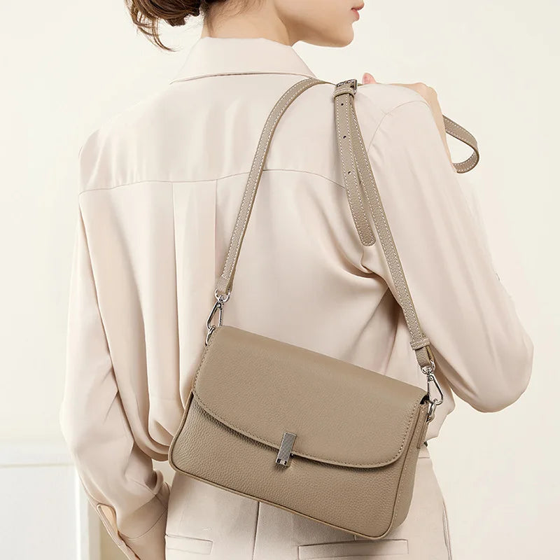 Genuine Leather Crossbody Bag Women's Fashion Handbag Lychee Pattern Shoulder Bag Ladies Flip Bag Two Shoulder Straps