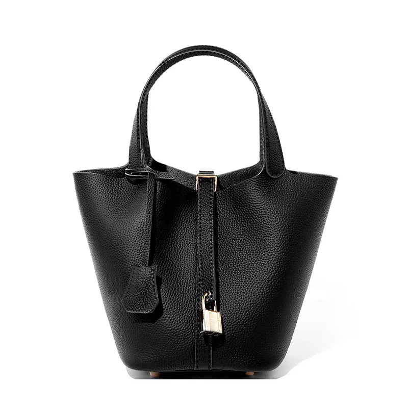 Lychee Pattern Bucket Bag Women's Genuine Leather Handbag Ladies Vegetable Basket Bag Soft Handbag