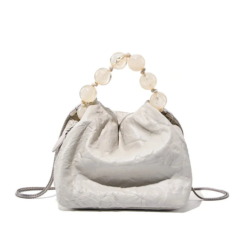 New Chinese Style Beaded Bag Genuine Leather Handbag Textured Box Bag Bead Handle Top Handle Crossbody Bag for Women