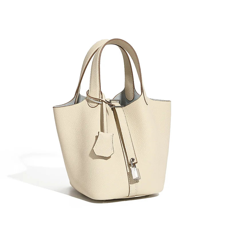 Lychee Pattern Bucket Bag Women's Genuine Leather Handbag Ladies Vegetable Basket Bag Soft Handbag
