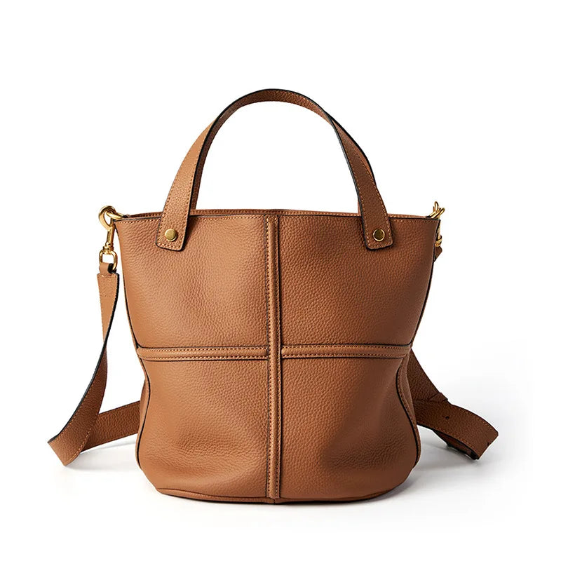 2024 Early Autumn Genuine Leather Bucket Bag Large Capacity Elegant Shoulder Crossbody Bag for Commuting