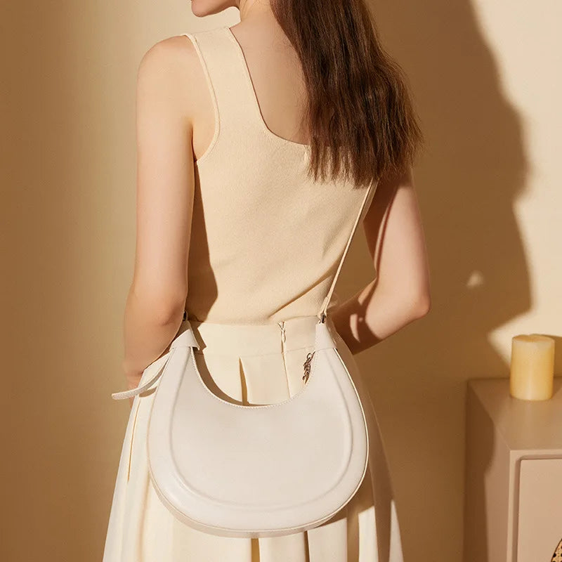 Cowhide Half Moon Bag Ladies Genuine Leather Handbag Underarm Bag 2025 Casual Shoulder Crossbody Bags Double Shoulder Straps