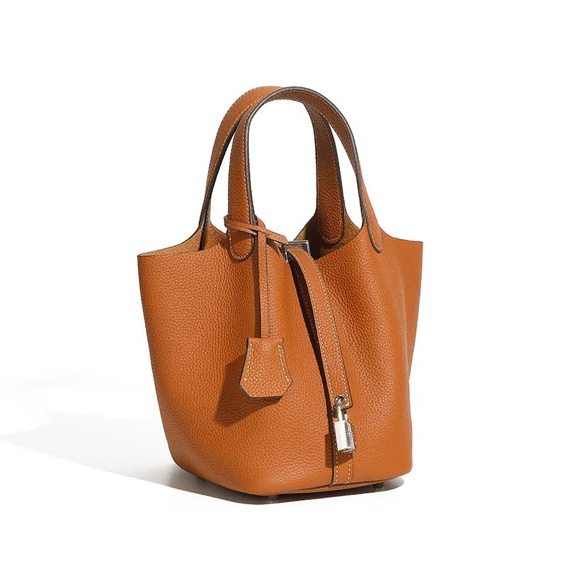 Lychee Pattern Bucket Bag Women's Genuine Leather Handbag Ladies Vegetable Basket Bag Soft Handbag