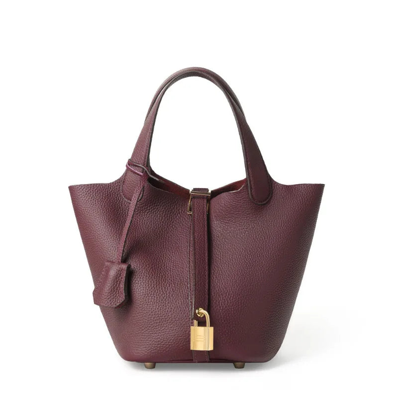 Lychee Pattern Bucket Bag Women's Genuine Leather Handbag Ladies Vegetable Basket Bag Soft Handbag