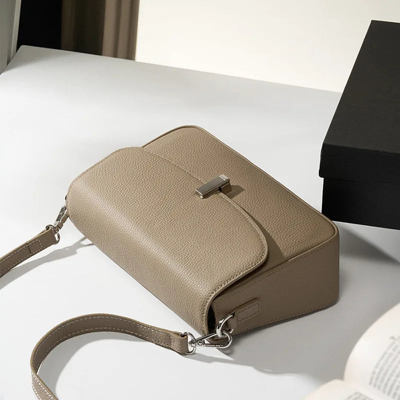 Genuine Leather Crossbody Bag Women's Fashion Handbag Lychee Pattern Shoulder Bag Ladies Flip Bag Two Shoulder Straps