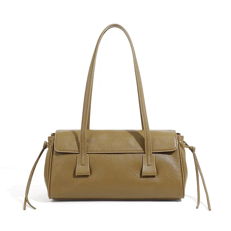 Cowhide Shoulder Bag Women's Genuine Leather Handbag Vegetable Tanned Baguette Ladies Underarm Pillow Bag