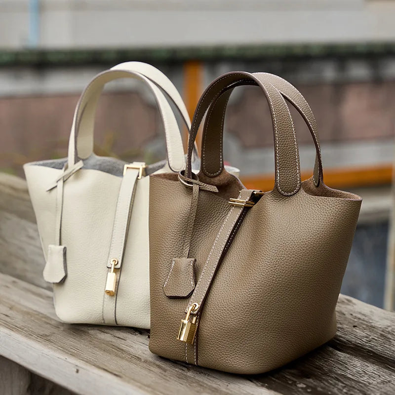 Lychee Pattern Bucket Bag Women's Genuine Leather Handbag Ladies Vegetable Basket Bag Soft Handbag