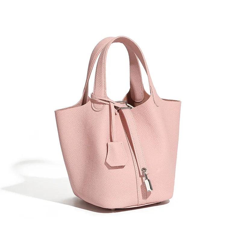 Lychee Pattern Bucket Bag Women's Genuine Leather Handbag Ladies Vegetable Basket Bag Soft Handbag