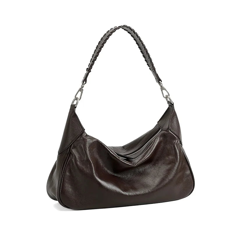 New Crystal Vegetable Tanned Leather Hobo Bag for Women Versatile Handbag Shoulder Crossbody Work Underarm Bag