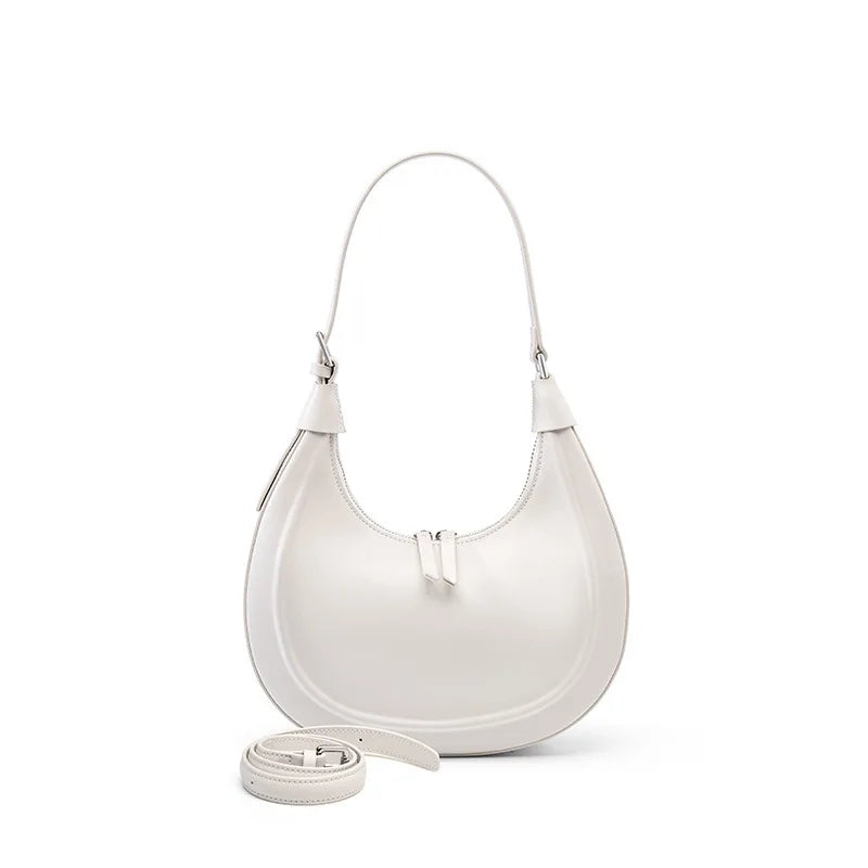 Cowhide Half Moon Bag Ladies Genuine Leather Handbag Underarm Bag 2025 Casual Shoulder Crossbody Bags Double Shoulder Straps