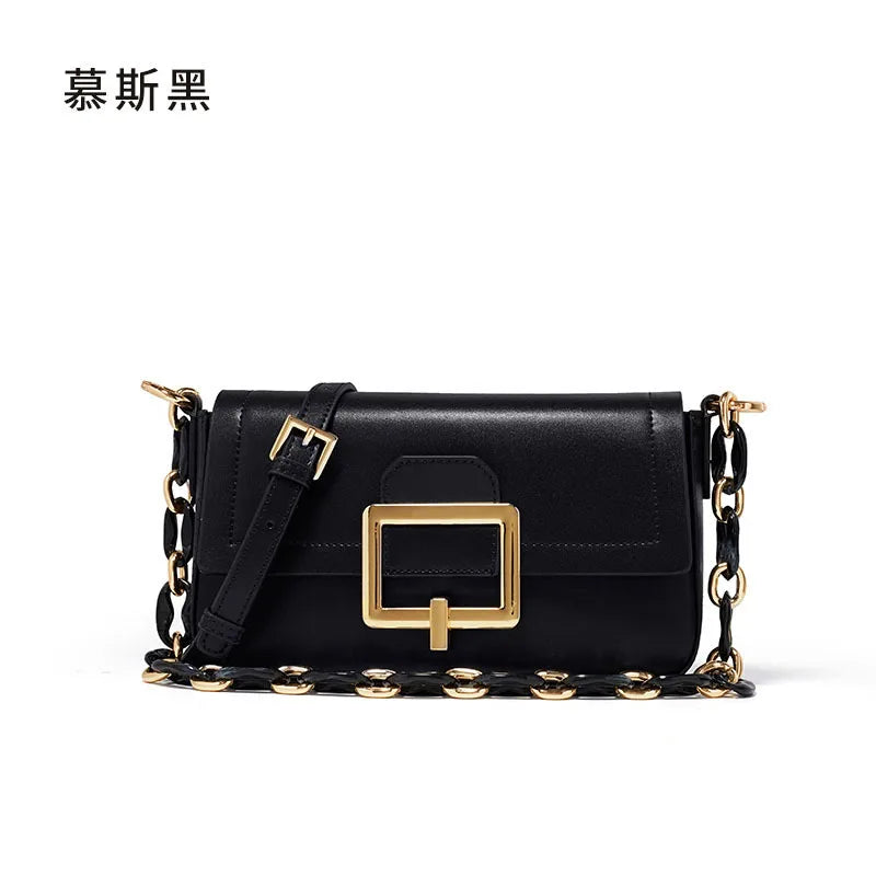 2025 New Spring Summer French Style Niche Design Genuine Leather Shoulder Crossbody Small Square Chain Underarm Bag
