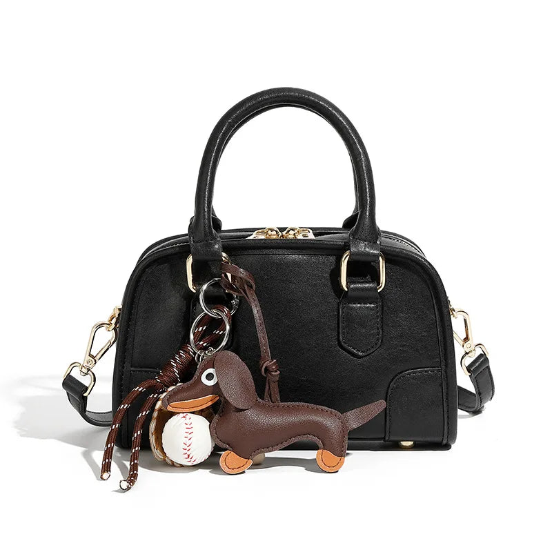 Cowhide Bowling Bag Women's Handbag Genuine Leather Boston Bag Shoulder Crossbody Bag Ladies Purses and Handbags