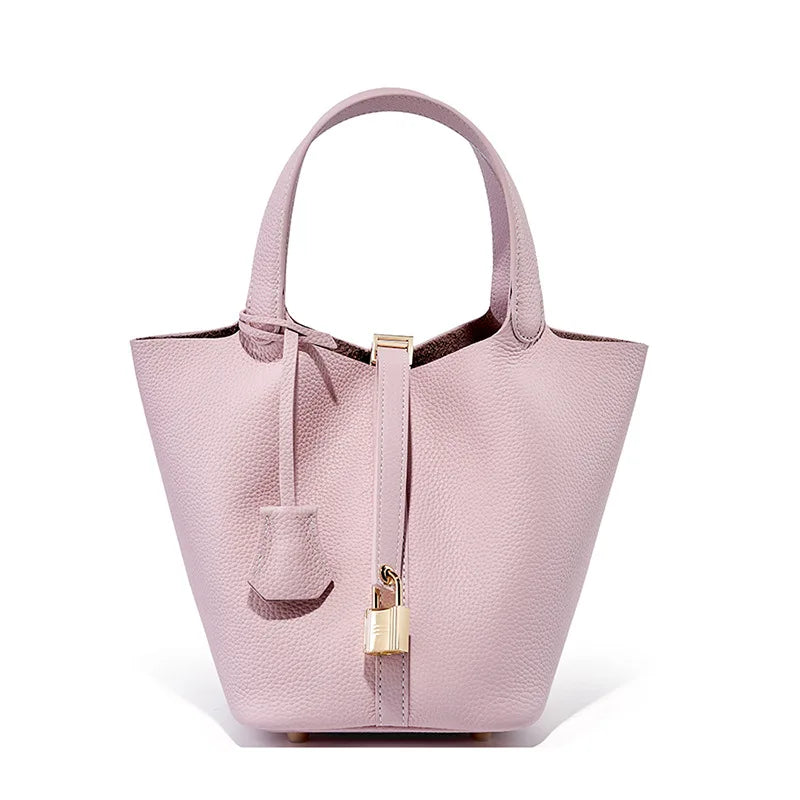 Lychee Pattern Bucket Bag Women's Genuine Leather Handbag Ladies Vegetable Basket Bag Soft Handbag