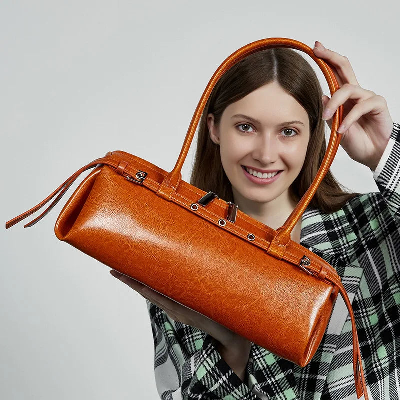 Genuine Leather Handbag Women's Retro Baguette Bag Motorcycle Style Handbag Shoulder Underarm Bag Ladies Top-Handle Bags