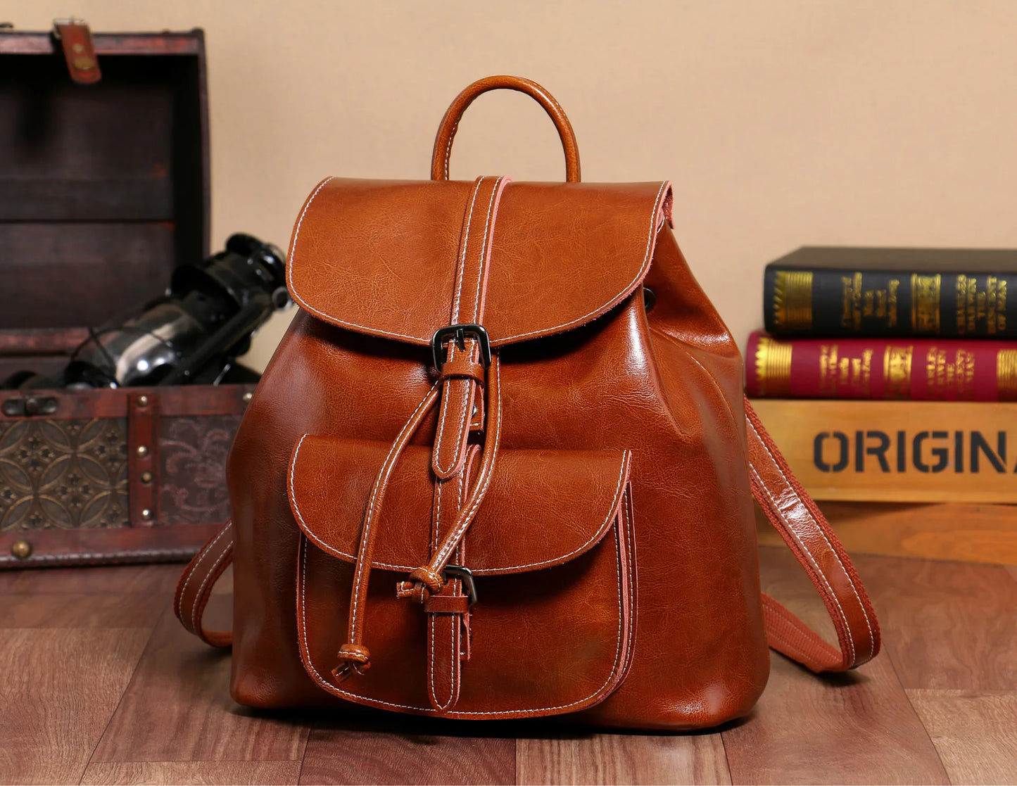 2025 New Street Style Genuine Leather Solid Color Backpack for Women with Stitching Design