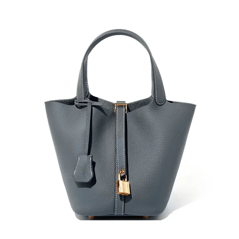 Lychee Pattern Bucket Bag Women's Genuine Leather Handbag Ladies Vegetable Basket Bag Soft Handbag
