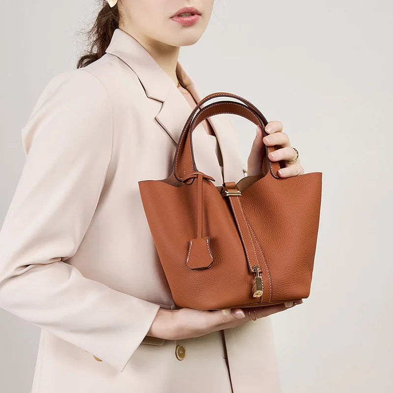 Lychee Pattern Bucket Bag Women's Genuine Leather Handbag Ladies Vegetable Basket Bag Soft Handbag