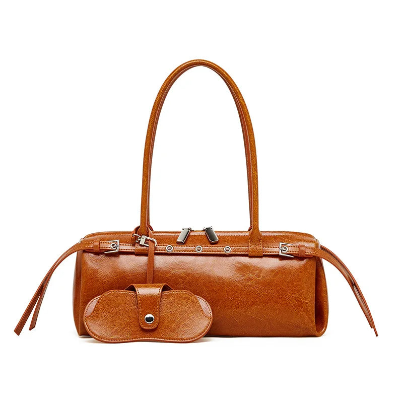 Genuine Leather Handbag Women's Retro Baguette Bag Motorcycle Style Handbag Shoulder Underarm Bag Ladies Top-Handle Bags