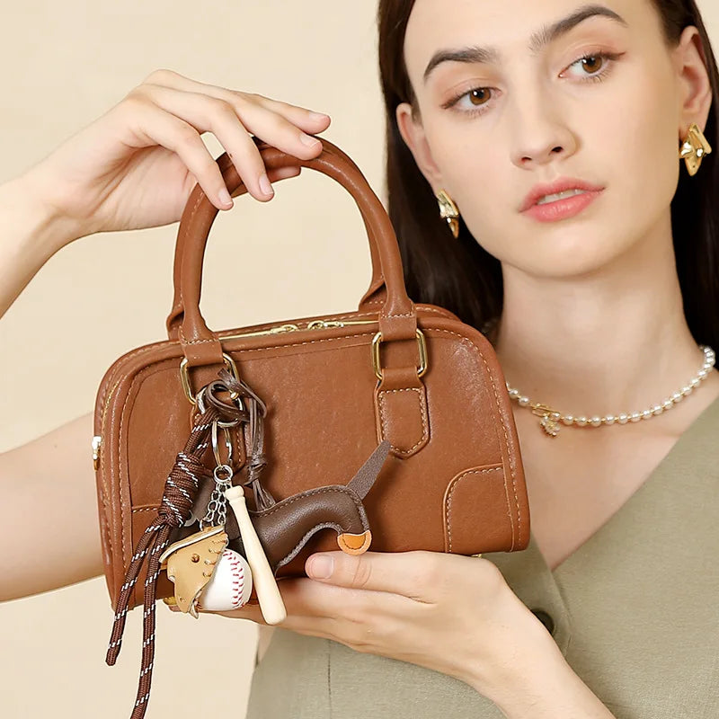 Cowhide Bowling Bag Women's Handbag Genuine Leather Boston Bag Shoulder Crossbody Bag Ladies Purses and Handbags