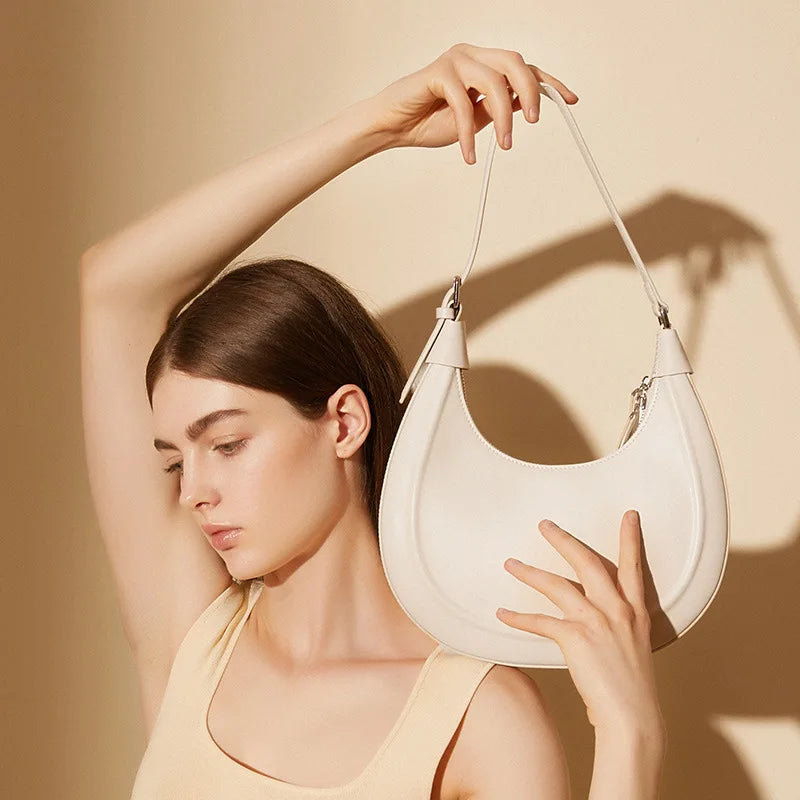 Cowhide Half Moon Bag Ladies Genuine Leather Handbag Underarm Bag 2025 Casual Shoulder Crossbody Bags Double Shoulder Straps