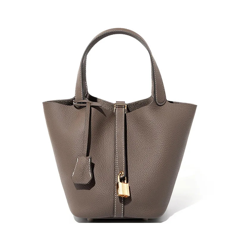 Lychee Pattern Bucket Bag Women's Genuine Leather Handbag Ladies Vegetable Basket Bag Soft Handbag