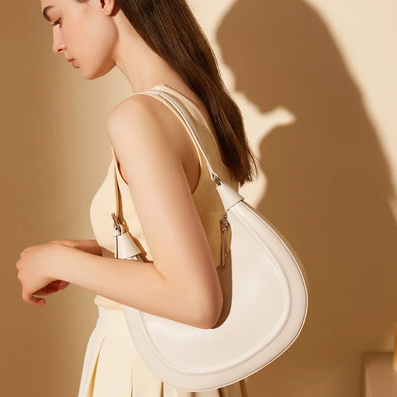 Cowhide Half Moon Bag Ladies Genuine Leather Handbag Underarm Bag 2025 Casual Shoulder Crossbody Bags Double Shoulder Straps