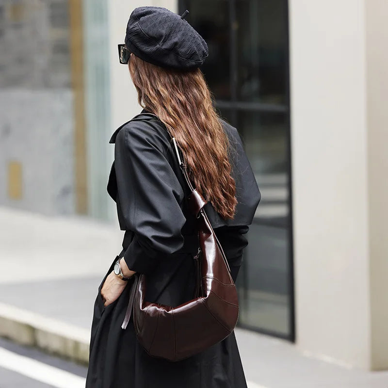 Saddle Bag Women's Fashion Handbag Genuine Leather Shoulder Bag Patent Leather Pleated Large Capacity Crossbody Bag
