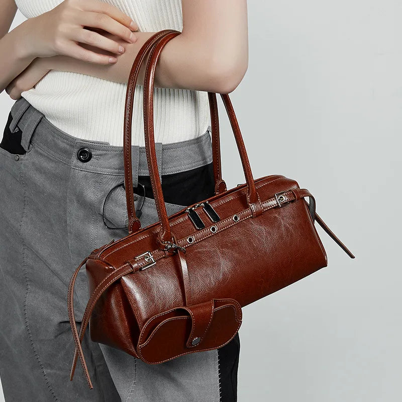 Genuine Leather Handbag Women's Retro Baguette Bag Motorcycle Style Handbag Shoulder Underarm Bag Ladies Top-Handle Bags