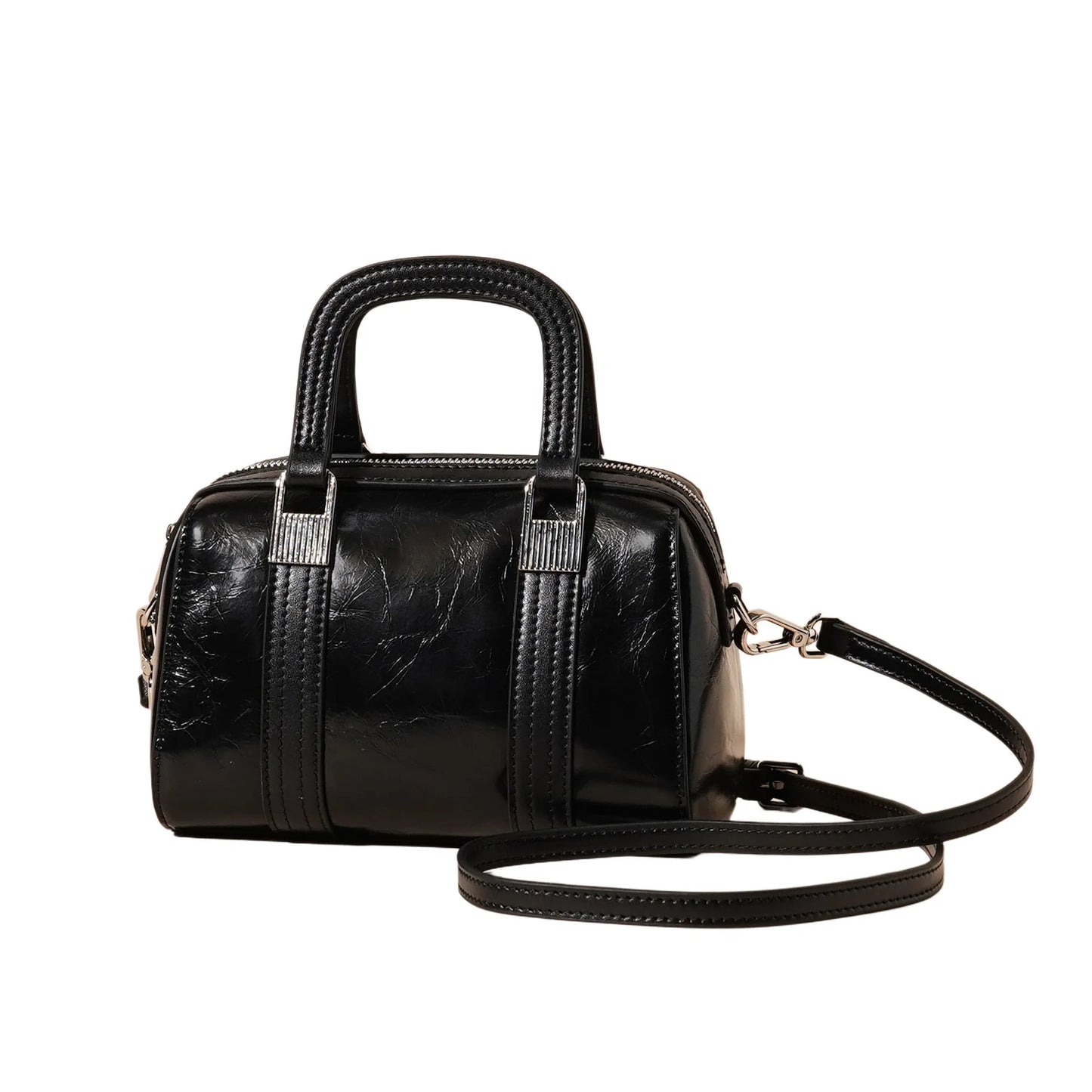 Genuine Leather Boston Bag for Women Top Layer Cowhide Shoulder Crossbody Handbag Simple Waxed Cracked Leather Tote