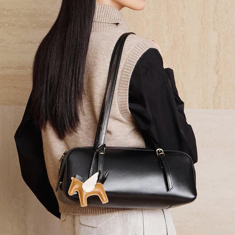 Genuine Leather Women Handbag Retro Bowling Bag Small Unique Vegetable Tanned Top Layer Cowhide Tote Bag