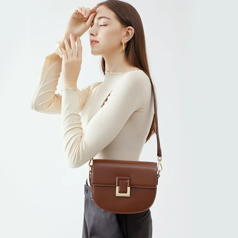 Saddle Crossbody Bag for Women 2025 New Fashion Genuine Leather Shoulder Bag Elegant Winter Handbag 