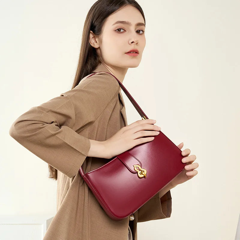 New Genuine Leather Women's Bag Red Elegant Bridal Shoulder Bag Underarm Bag for Daily Use