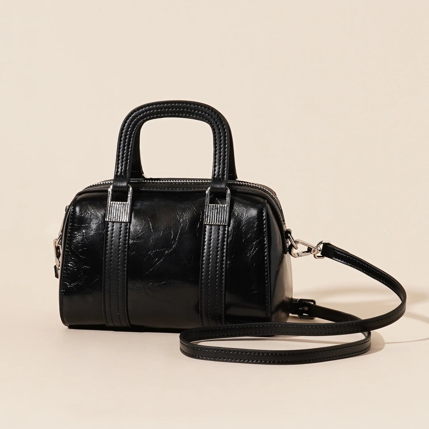 Genuine Leather Boston Bag for Women Top Layer Cowhide Shoulder Crossbody Handbag Simple Waxed Cracked Leather Tote