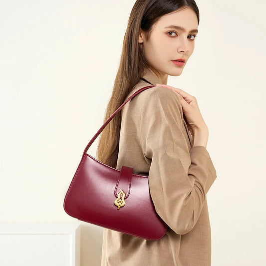 New Genuine Leather Women's Bag Red Elegant Bridal Shoulder Bag Underarm Bag for Daily Use