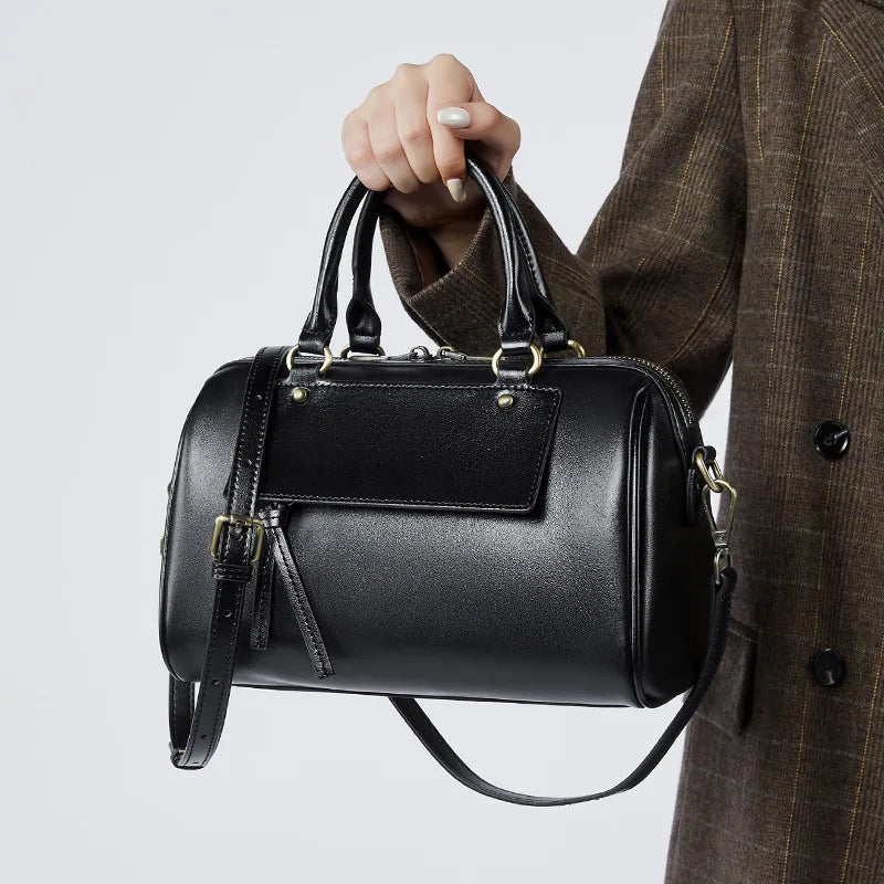 Winter New Leather Boston Pillow Bag Fashion Casual Handbag Cowhide Shoulder Crossbody Bag for Women